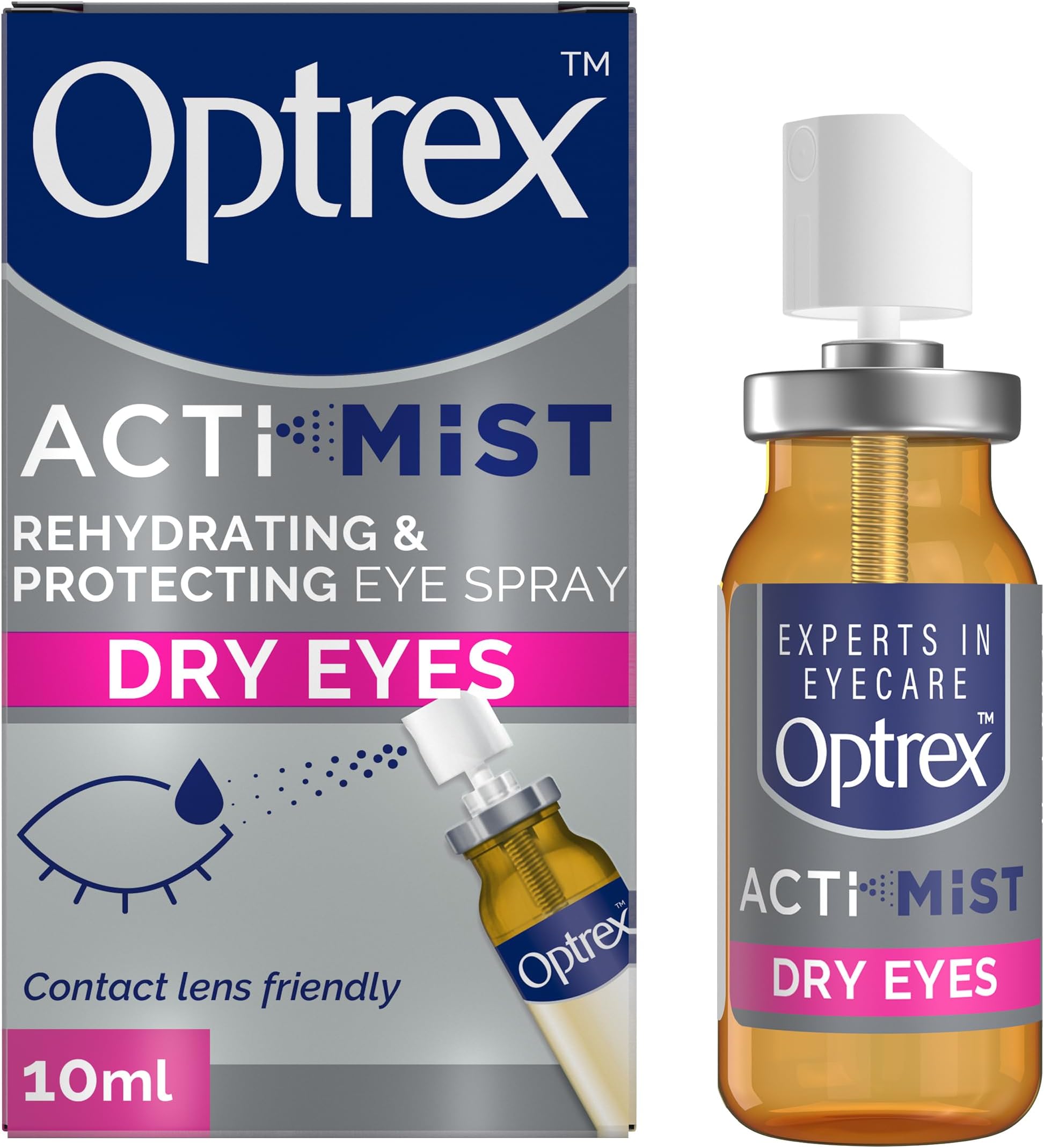 Optrex Actimist, Dry Eyes, 10ml, Rehydrating & Protecting Eye Spray ,Instant, Long-Lasting relief, Dual Action Relief For Tired, Dry Eyes, Treatment For Discomfort And Fatigue, Easy to Apply