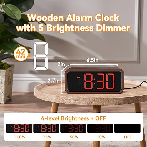 Miniatura 4 de Netzu Reloj despertador de madera, reloj digital fuerte con 5 volúmenes, 12 tonos de llamada, horario de verano manual, reloj despertador enchufable