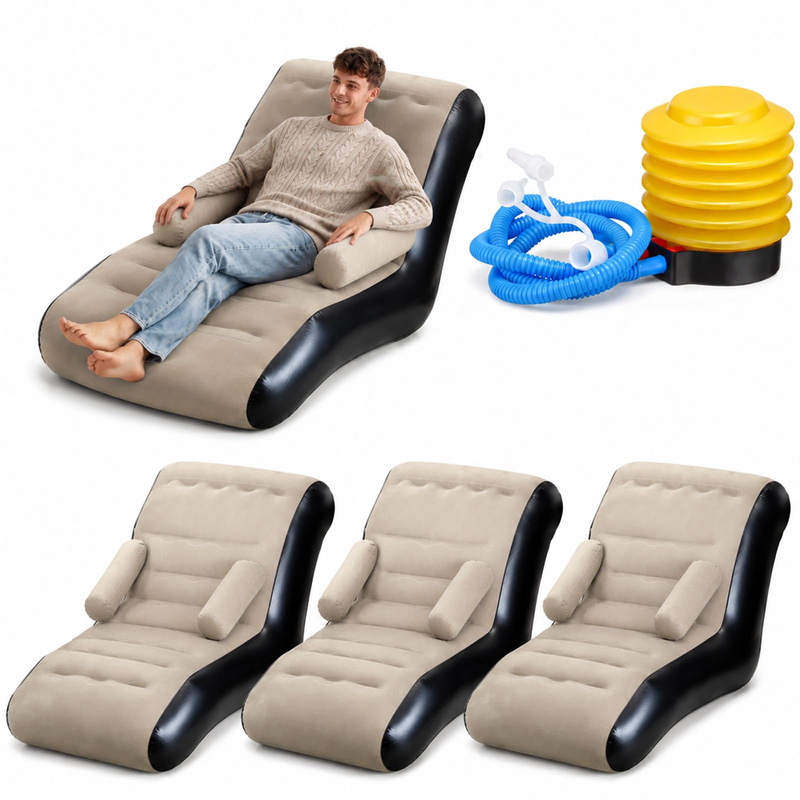 Photo 1 of ** NEW ** Hoteam 3 Pcs Inflatable Lounge Chairs for Adults, Blow Up Couch with Foot Pump and Armrests, Portable Folding Flocked Air Sofa for Living Room, Camping, Gaming, and Outdoor Relaxing