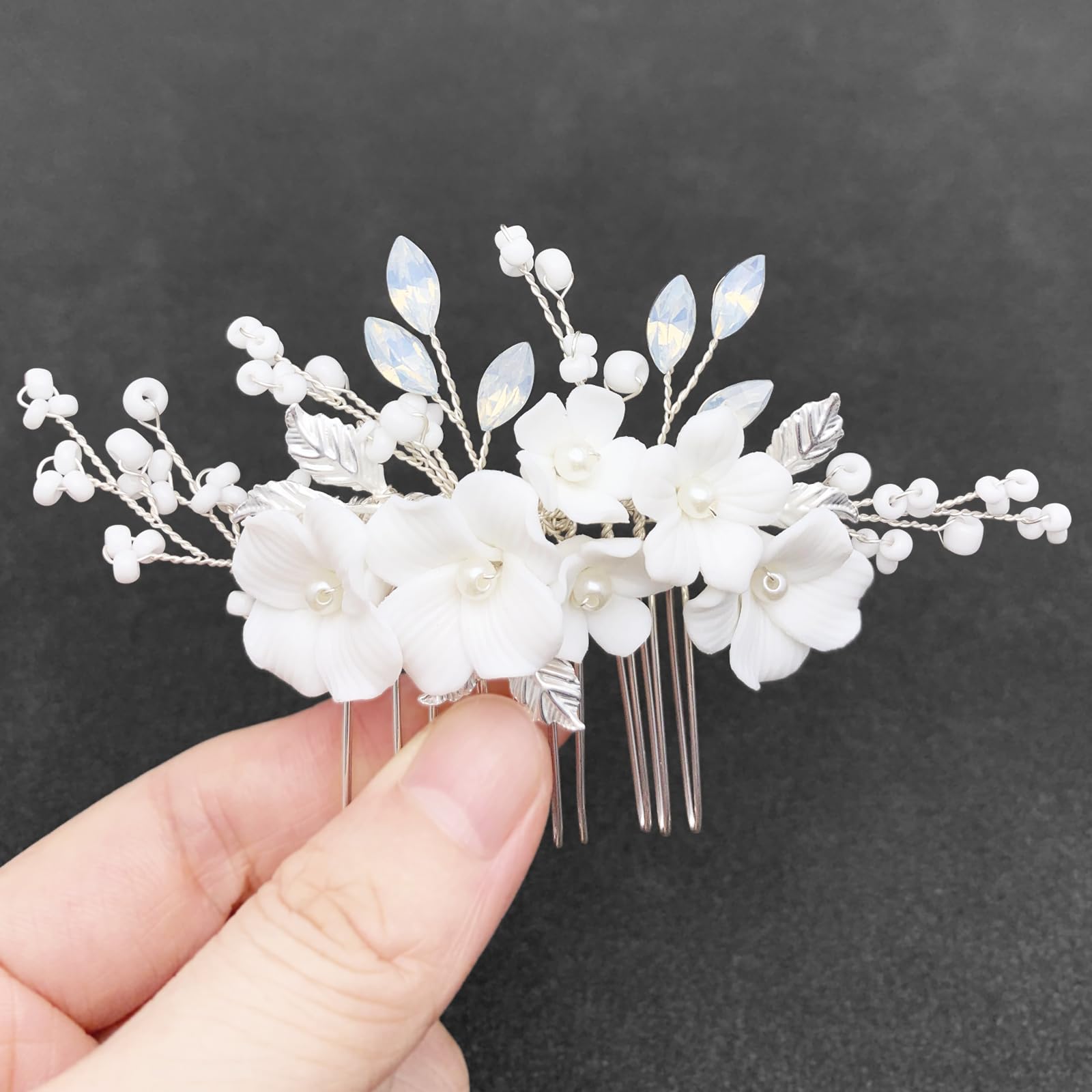 White Flower Side Comb for Hair Bridal Wedding Crystal Pearl Leaf Ceramic Floral Hair Accessories for Women Girls
