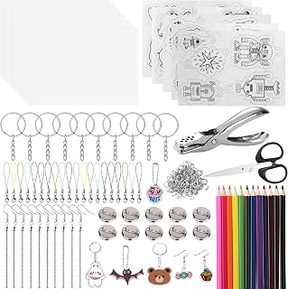 184 Pcs Shrink Plastic Sheets Kit, All-in-One DIY Keychain Making Kit for Kids with 20 Plastic Sheets, Keychains, Hole Punch, Coloring Pencils for Creative Crafts