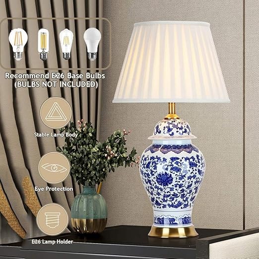 USMJQVZ USMJQVZ 29.6-inch Chinoiserie Porcelain Table Lamps,Desk Lamp Traditional Classic Ginger Jar Ceramic Table Lamp Blue and White Porcelain Creative Bedroom Bedside Lamp Entryway photo 3