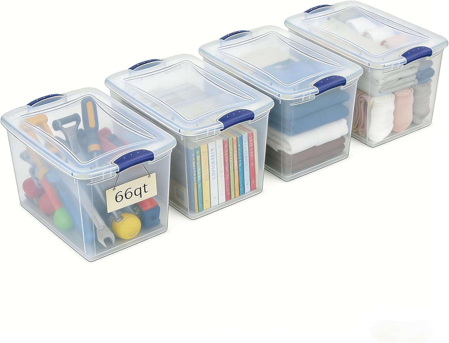 4 Pack 66 Quart (16.5 Gallon) Clear Plastic Storage Bins with Blue Latching Lids, Heavy Duty Stackable Organizer Containers for Closet Garage Bedroom Office Home Organization