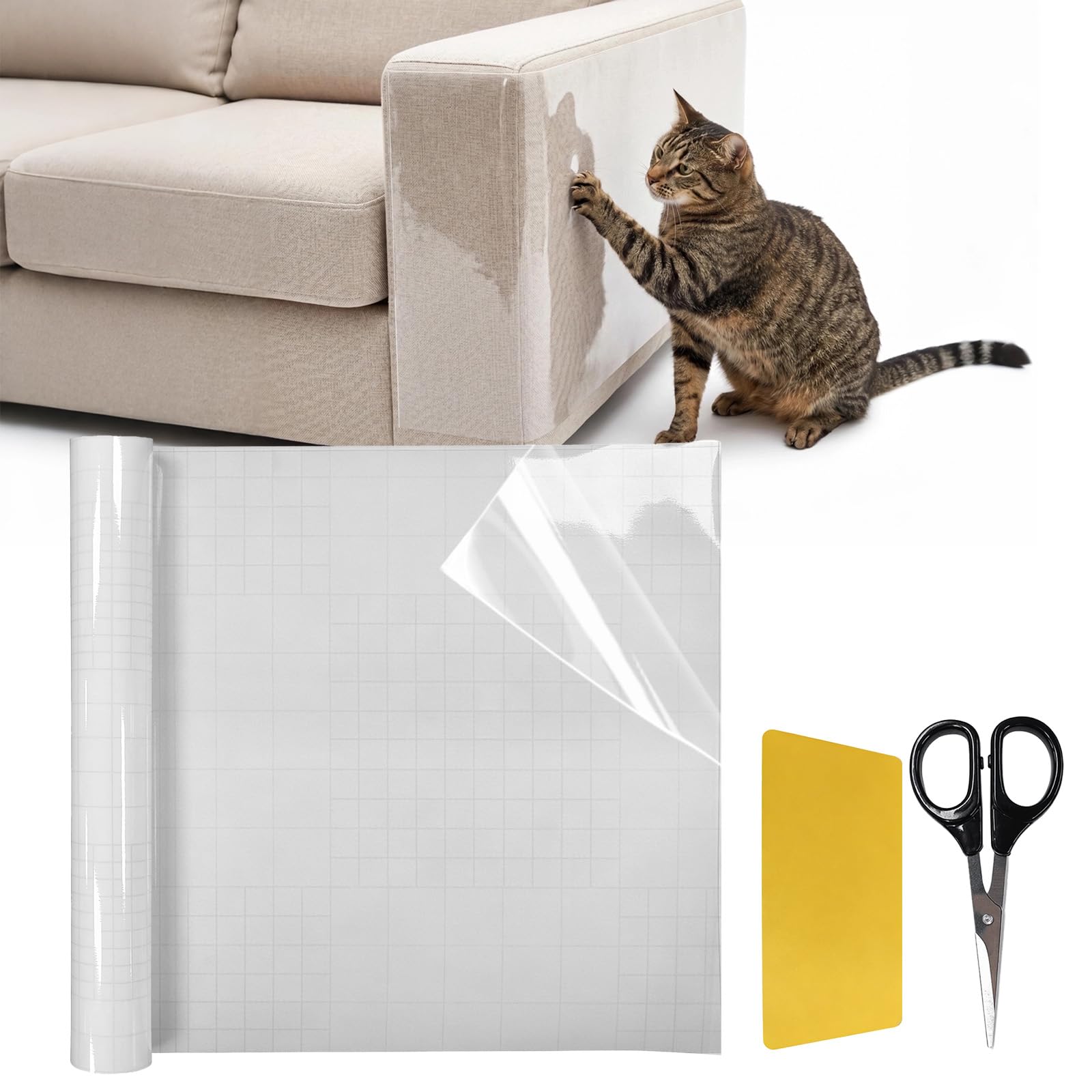 Protection anti-griffures pour canapé, chaise, porte et mur - Transparent - 5 m x 43 cm - Avec raclette et ciseaux