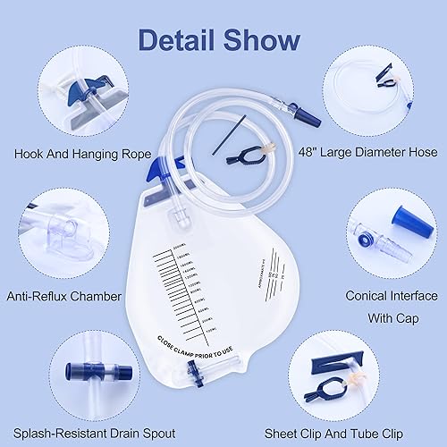 Miniatura 2 de Bolsa de drenaje urinario de 67.6 fl oz, bolsas de catéter con clips ajustables, cámara antirreflujo y tubo de 48 pulgadas, gancho colgante para uso