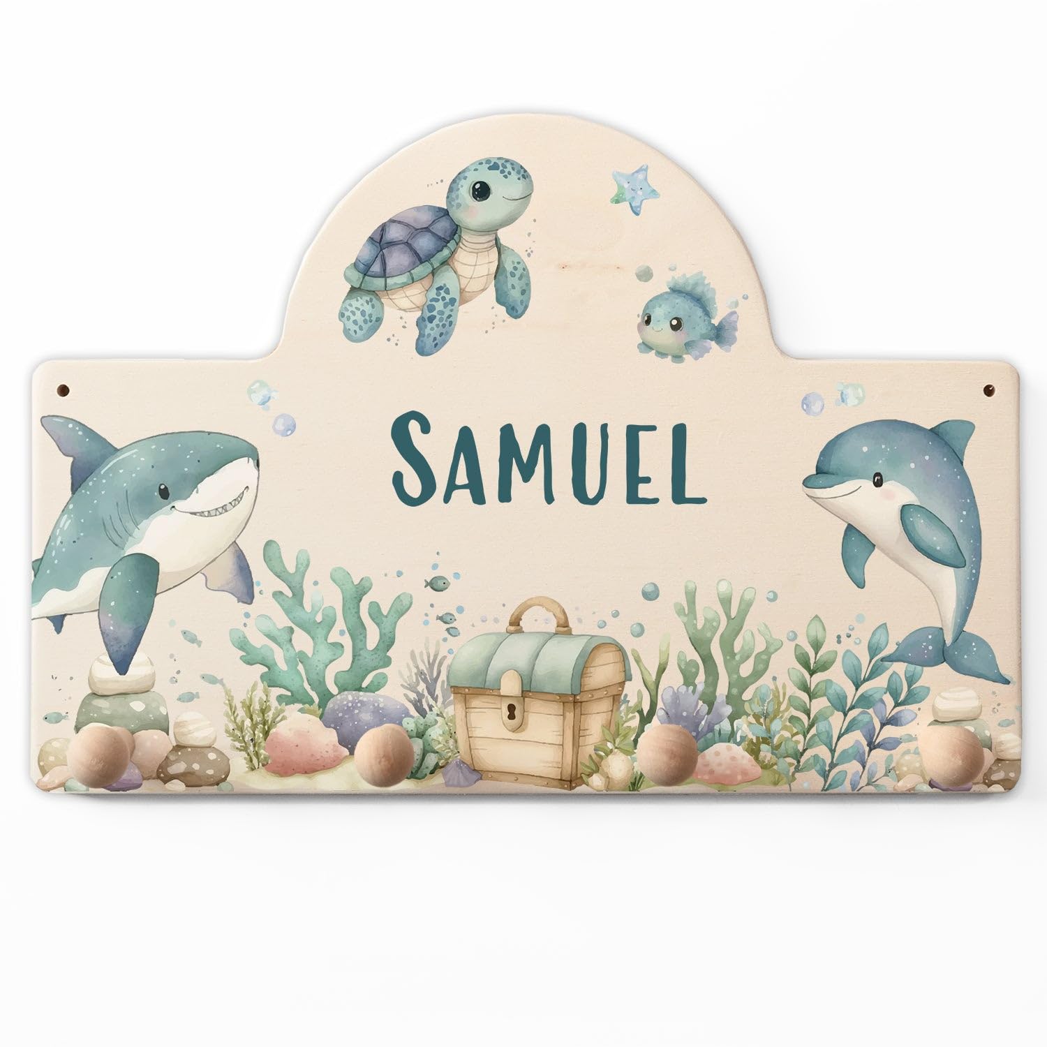 GRAVURZEILE Personalisierte Kindergarderobe - See - Personalisiert mit Name - Garderobe aus Holz mit 4 Kleiderhaken für Baby & Kleinkinderzimmer - Geschenk für Mädchen & Jungen