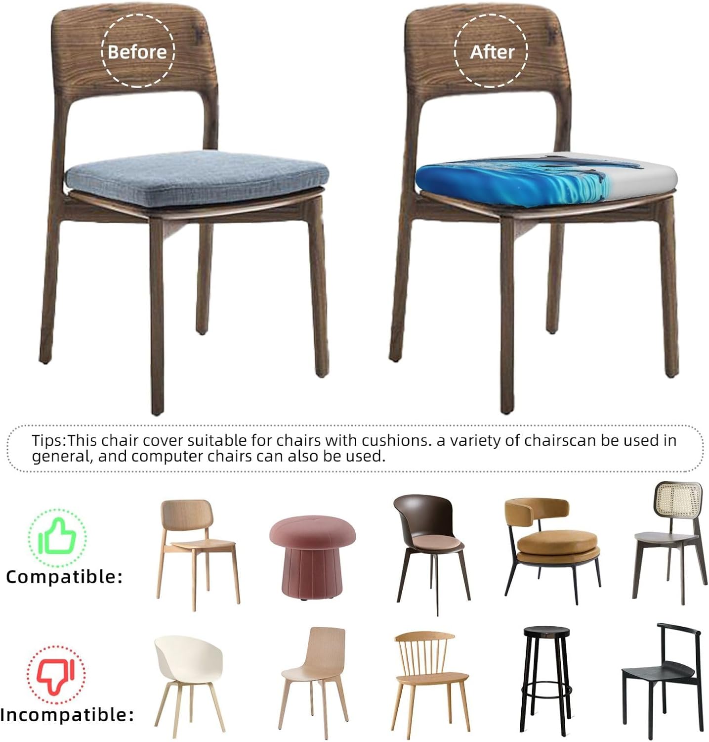2PCS Stretch Seat Covers Set Unique 3D Animal Dolphin Chair Cover for Dining Room Removable Chair Seat Slipcovers