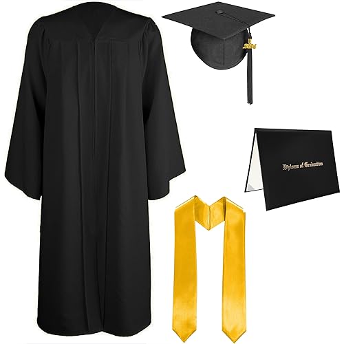 Unisex Matte Graduation Gown Cap 2024 2025 Year Charm with Diploma Cover/Gold Stole/Cord for High School Rich in Color