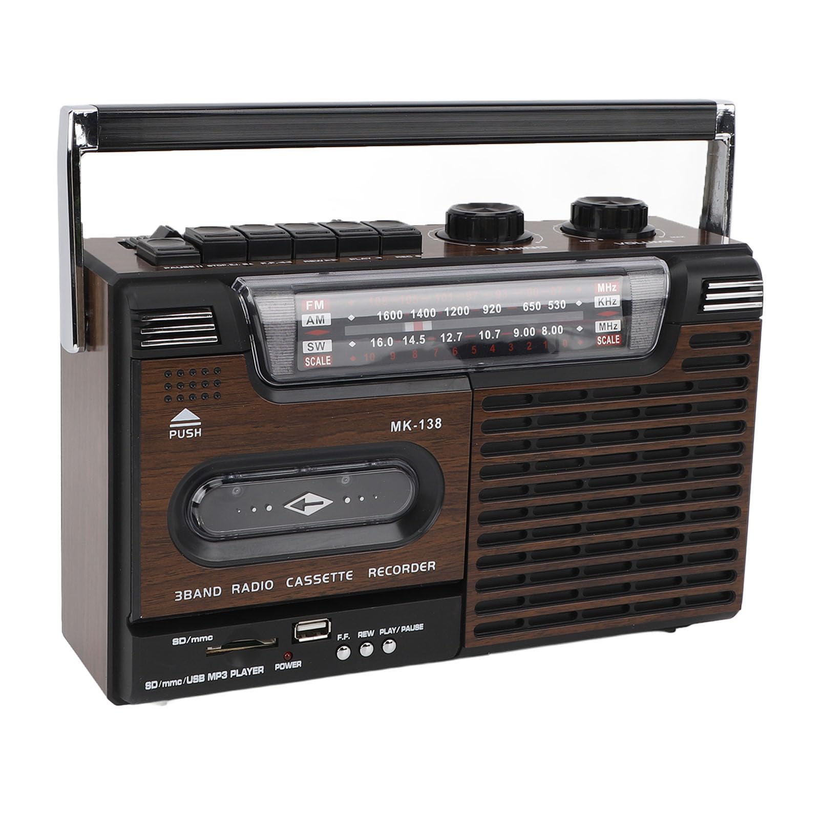 Retro Boombox Cassette Player, AM SW FM Radio Stereo, Portable Vintage Casette Tape Player Recorder with Antenna, Earphone Jack, USB, Memory Card Slot, Wood Grain (US Plug)