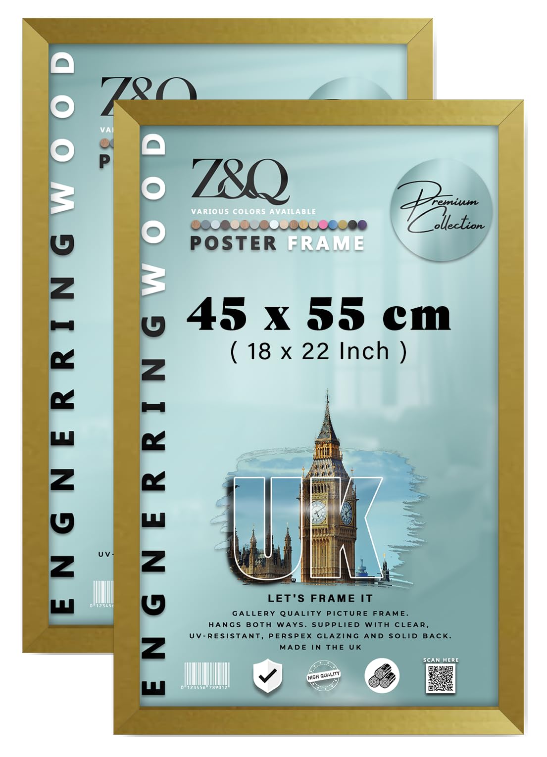 Z&Q Pack of 2 Rectangle Classic Black MDF Wood Finish (45 x 55 CM) Frame for Posters | Eton Wood 18 x 22 Inch For Art Gallery, Home Décor [ Gold ]