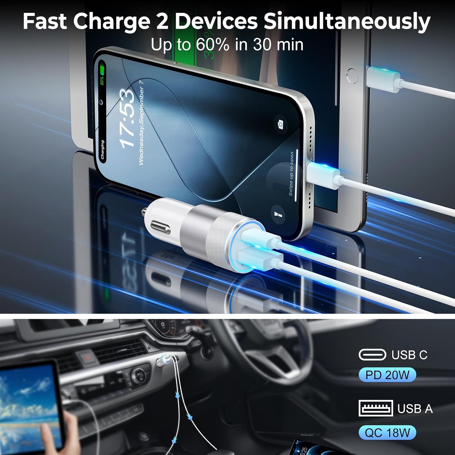 3-Pack Car Charger, Ancekoy 38W Dual Port PD & QC 3.0 Car Phone Charger image 4