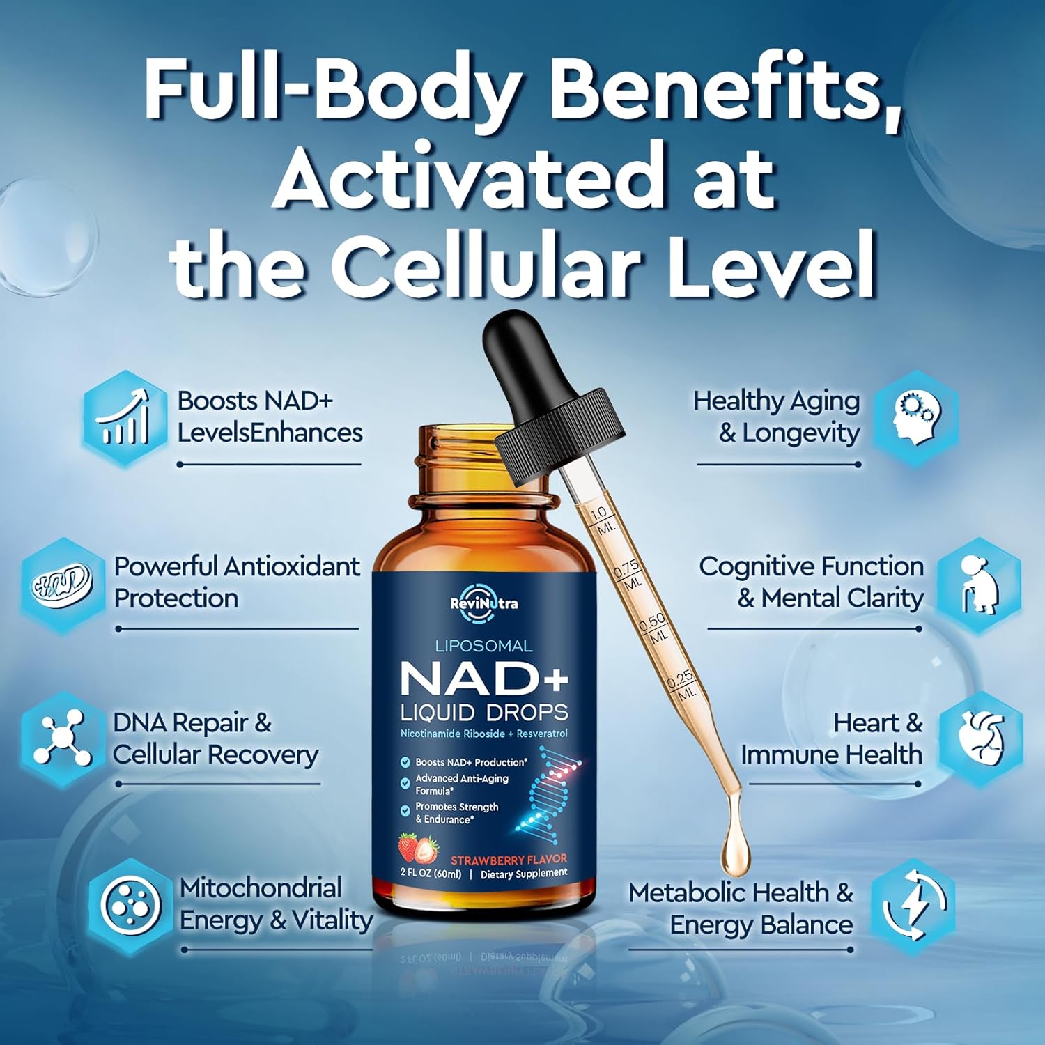 Liposomal NAD+ Liquid Supplement, Nad Resveratrol Supplement for Women & Men, Nicotinamide Riboside with PQQ, CoQ10, Quercetin for Anti-Aging, Brain, Cellular Energy Health, Strawberry Flavor, 2 Fl Oz - Image 3