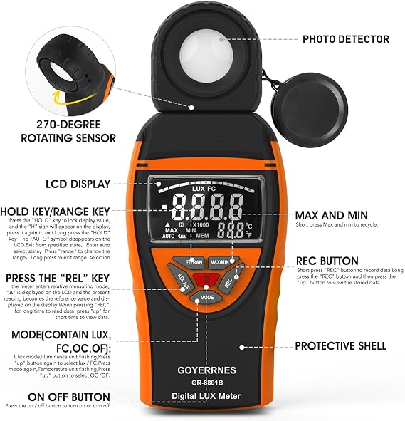 Illuminance Light Meter, Digital Lux Foot Candles Meter 0.1~400,000 Lux (0.1~40,000 FC) with 270o Rotatable Detector, Lumen Meter Luxmeter for Indoor Outdoor