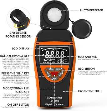 Illuminance Light Meter, Digital Lux Foot Candles Meter 0.1~400,000 Lux (0.1~40,000 FC) with 270o Rotatable Detector, Lumen Meter Luxmeter for Indoor Outdoor