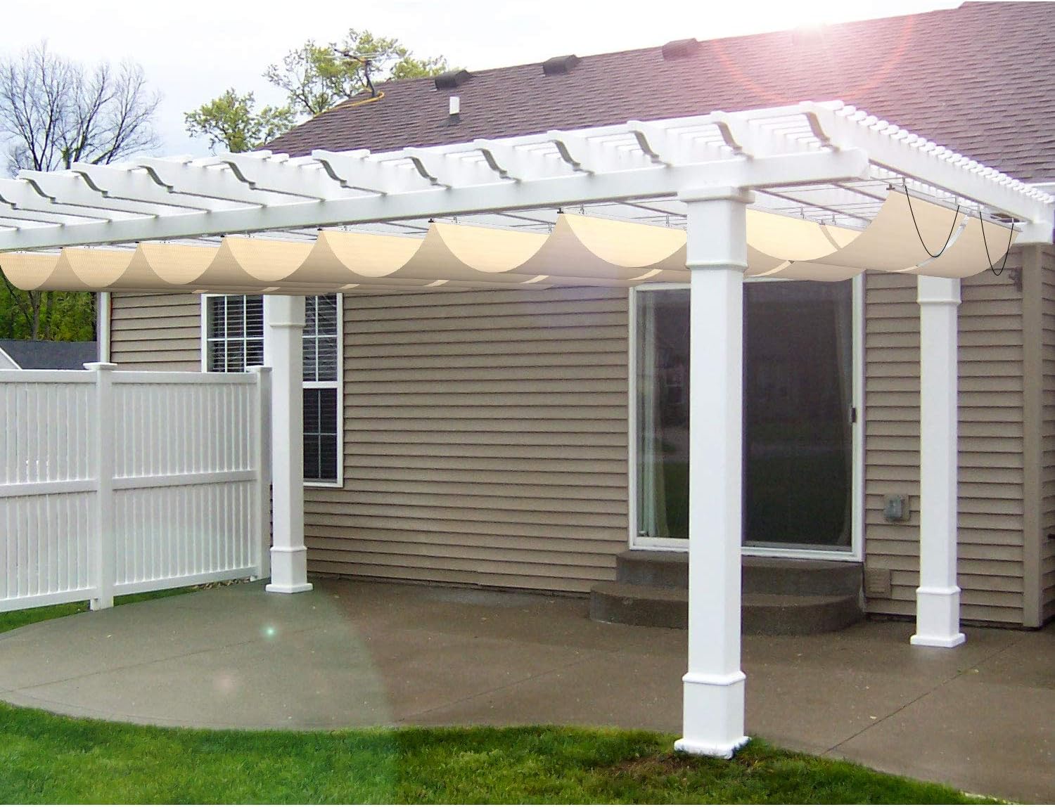 E&K 4'Wx12'L Waterproof Pergola Shade Cover Retractable Canopy Outdoor Wave Sun Shade for Patio Garden Backyard Deck Trellis (Beige)