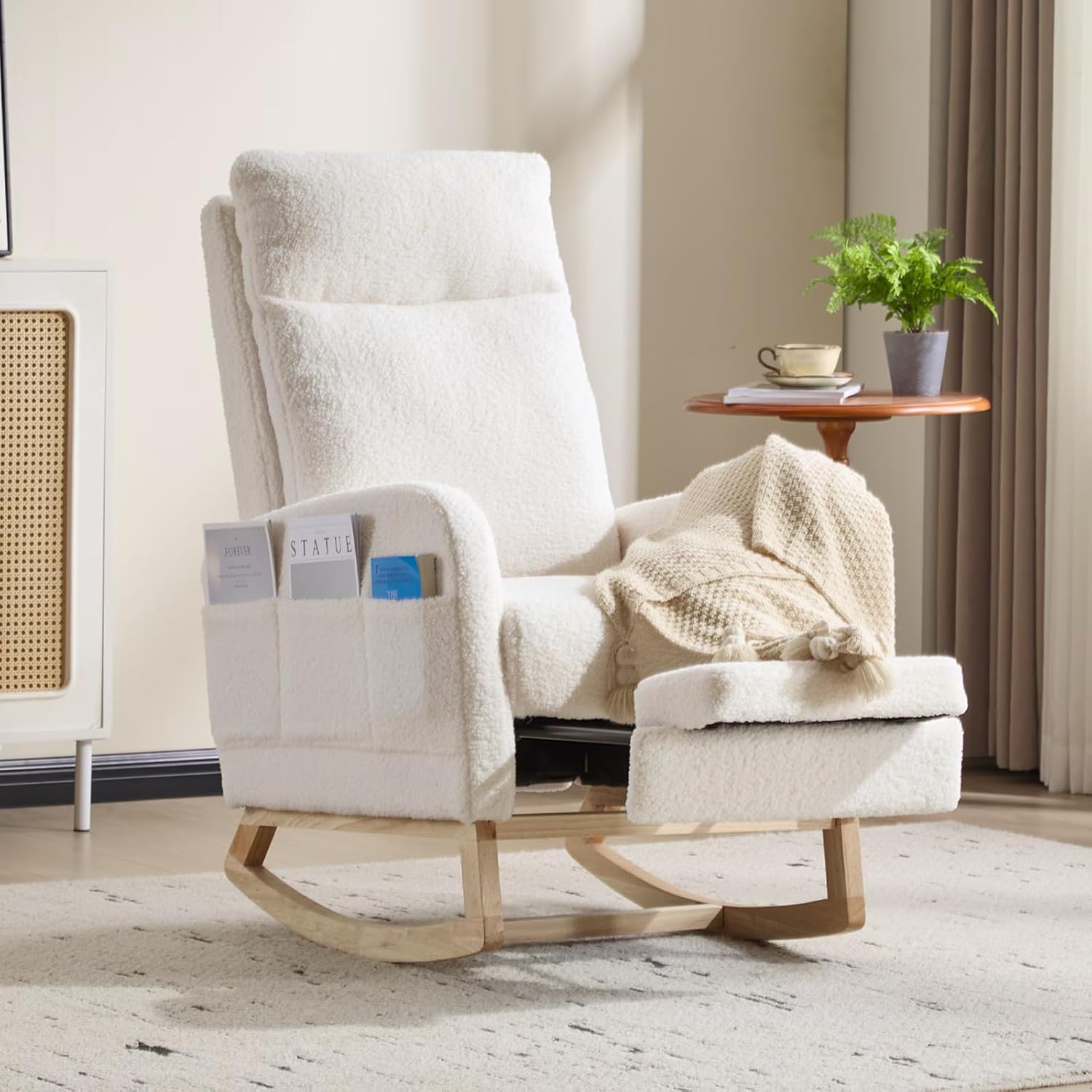 Modern Accent Rocking Chair Rocking Chair with Solid Wood Legs, Upholstered Nursery Glider Rocker, Comfy Armchair with Side Pocket, Living Room Lounge Arm Chair with High Backrest (White1)