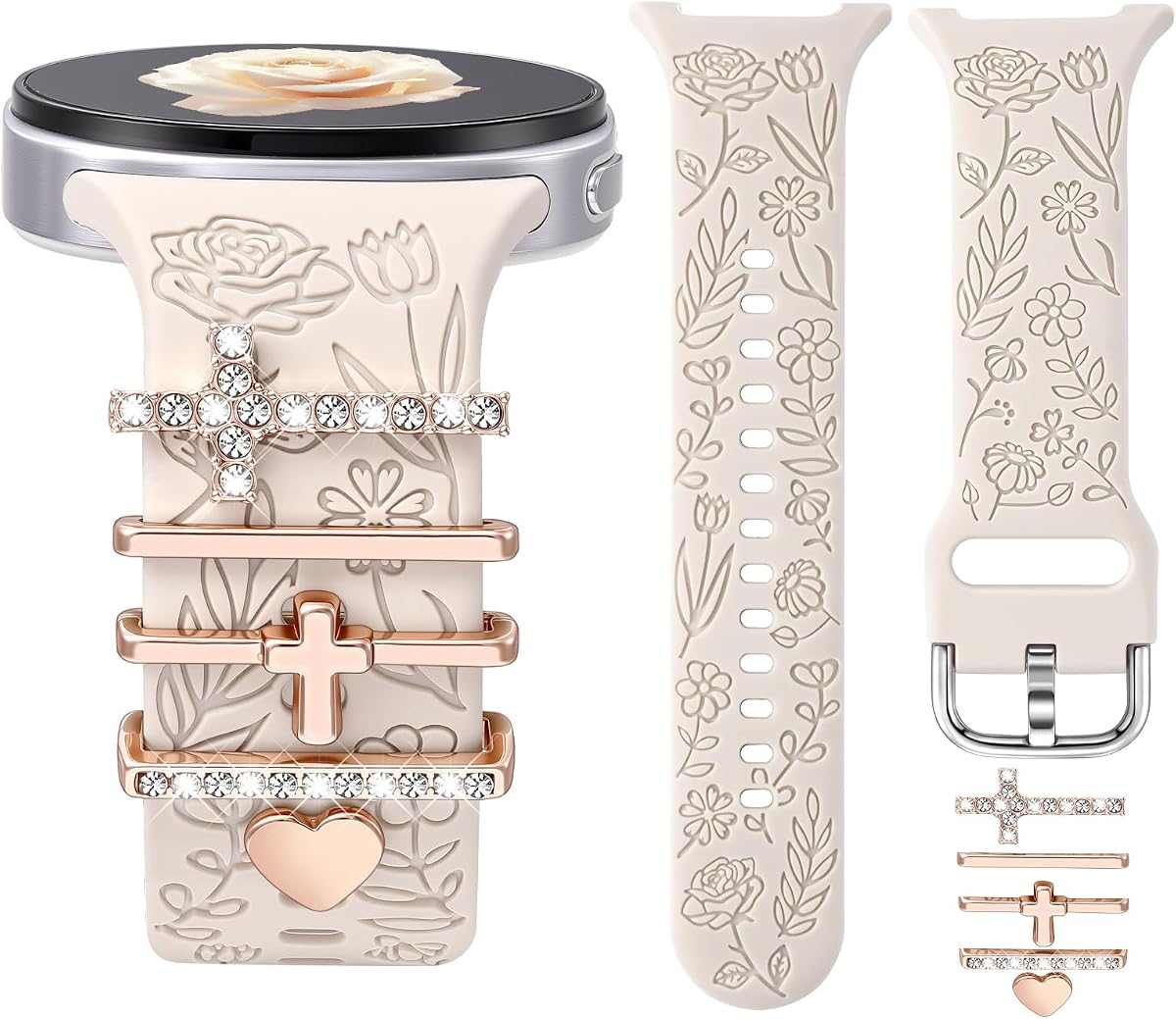 Flower Engraved Bands with Charms for Samsung Galaxy Watch 9/8 40mm 44mm | Dressy Engraved Silicone Sport Strap Women, Fancy Decorative Charms Accessories, Soft Stylish Replacement Strap for Women