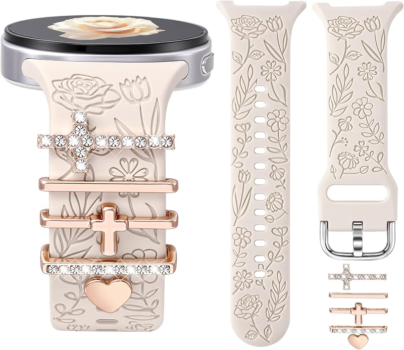 Flower Engraved Bands with Charms for Samsung Galaxy Watch 9/8 40mm 44mm | Dressy Engraved Silicone Sport Strap Women, Fancy Decorative Charms Accessories, Soft Stylish Replacement Strap for Women