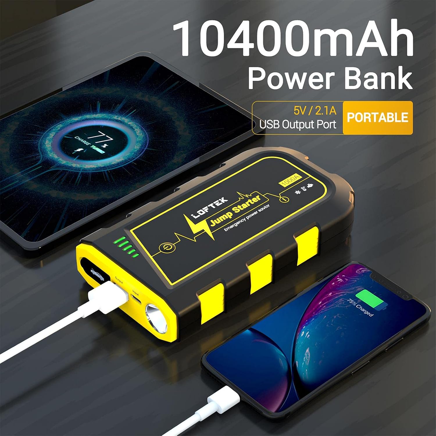 LOFTEK Car Jump Starter, 1000Amp Peak Lithium Jump Box for up to 7L Gas and 5.5L Diesel Engines, 12V Auto Portable Battery Booster Pack with USB Quick Charge & LED Light for Car Truck Boat,Yellow