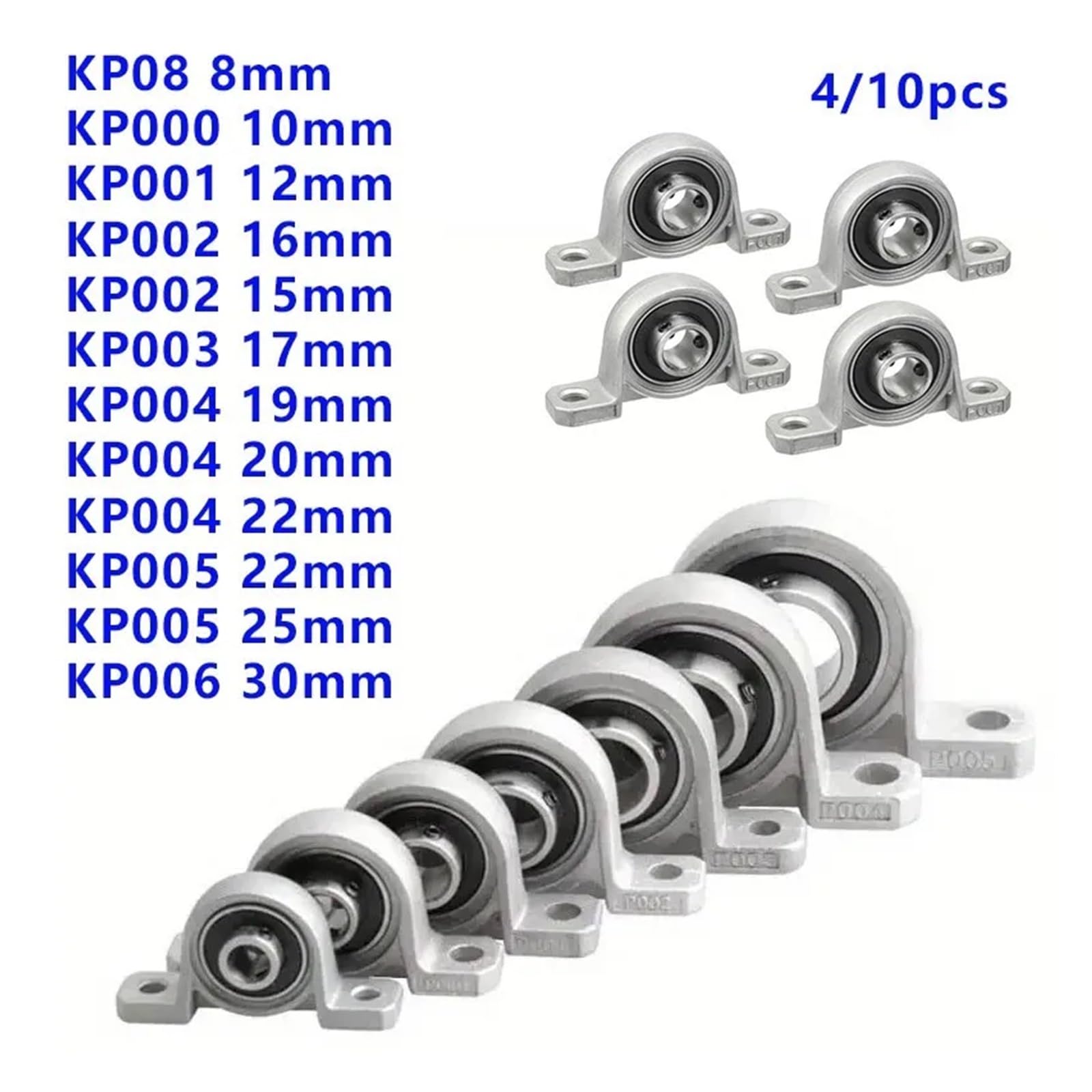 Rodamientos en bloque de cojinete, Rodamiento de bolas aleación zinc, serie KP, 4/10 piezas, 8-30 mm