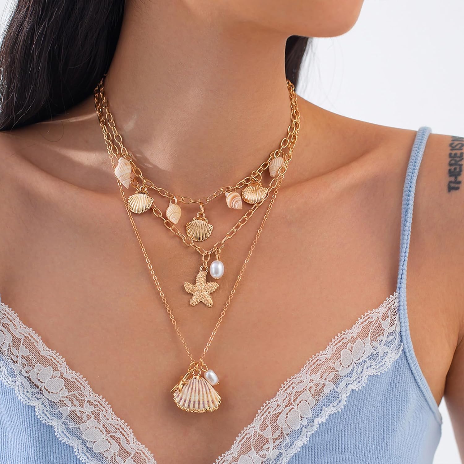 Gold Plated Layered Charm Shell Starfish Necklace for Women Beach Jewelry Ocean Inspired Summer Seashell Choker, Boho Stackable Chain with Pearl Ideal Gift - Image 5