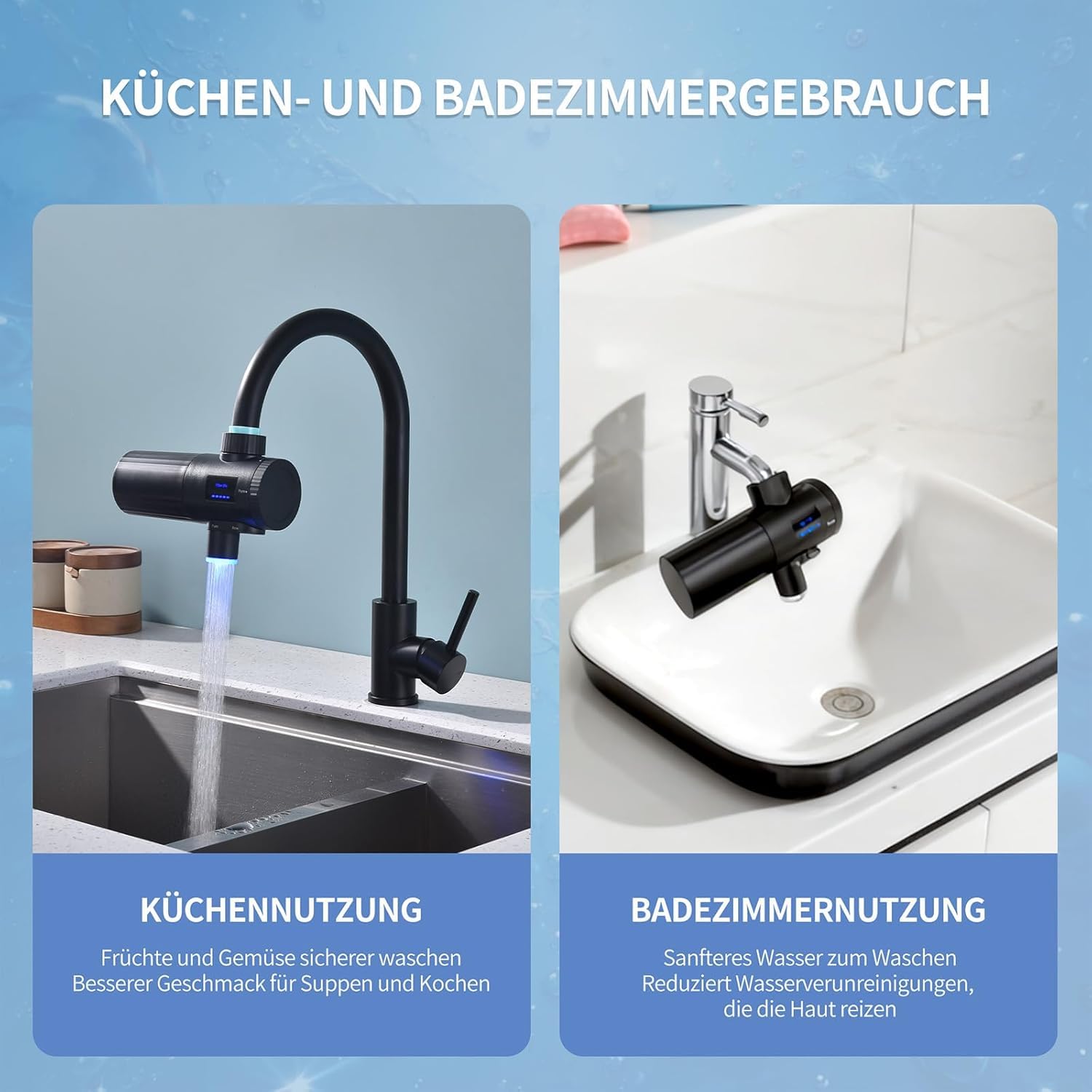 HOMELODY Wasserfilter Trinkwasser für Küche, entfernt Chlor, Schwermetalle & Kalk, verbessert den Geschmack, 12x Adapter, Blaulicht & 1 Filter enthalten, Wasserfilter Wasserhahn 3.0 mit LED-Anzeige