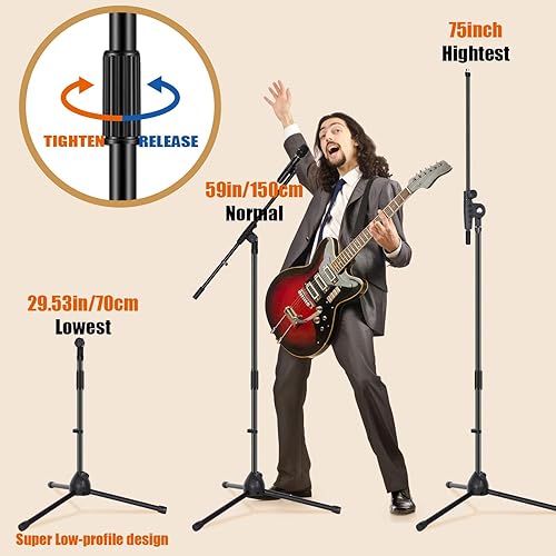 Miniatura 5 de Soporte de micrófono trípode brazo brazo podio estudio soporte de micrófono altura ajustable 75 pulgadas, extiende el brazo a 27 pulgadas, viene con