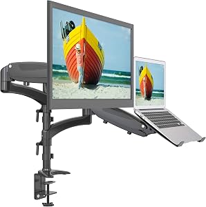 SHOPPINGALL Dual Gas Spring 2 in1 Monitor & Laptop OR Double Monitors Mount Stand with 2 Swing Arms for 15"-32" Monitors﻿, Both Desk Clamp and Grommet Mounting Options in The Box - SA-LH08-Black