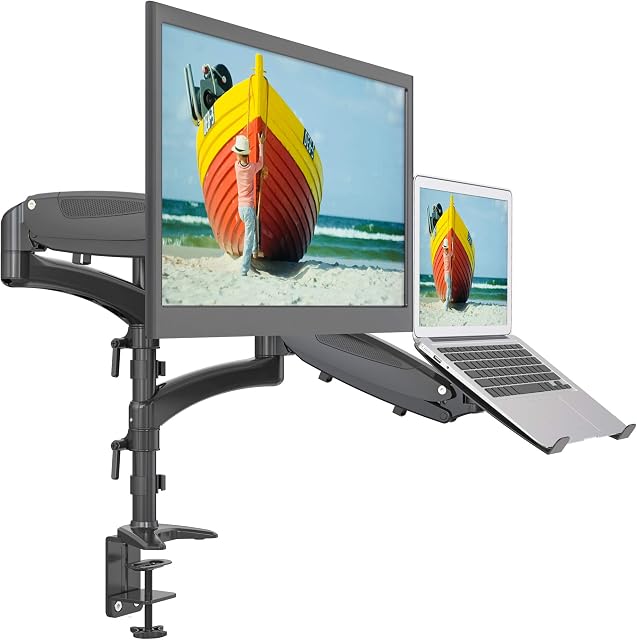 SHOPPINGALL Dual Gas Spring 2 in1 Monitor & Laptop OR Double Monitors Mount Stand with 2 Swing Arms for 15"-32" Monitors, Both Desk Clamp and Grommet Mounting Options in The Box - SA-LH08-Black