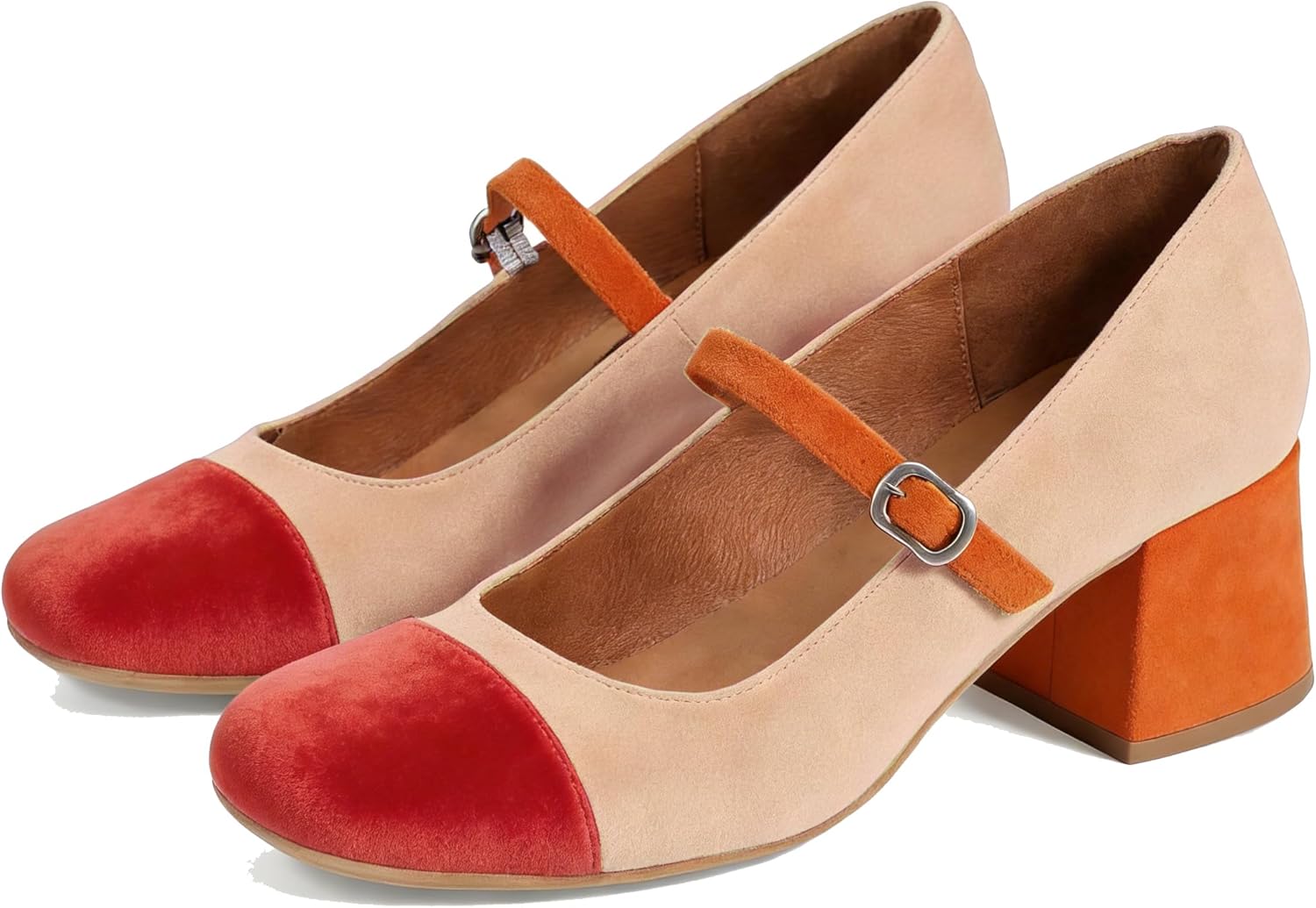 SHODENSE Women Rainbow Pumps Low Chunky Heel Mary Jane Shoes Square Cap Toe Ankle Strap Dress Pumps Two-Toned Mid Block Heel Mary Janes Lolita Shoes Multicolor Patchwork Wedding Office Party 4-11 M US