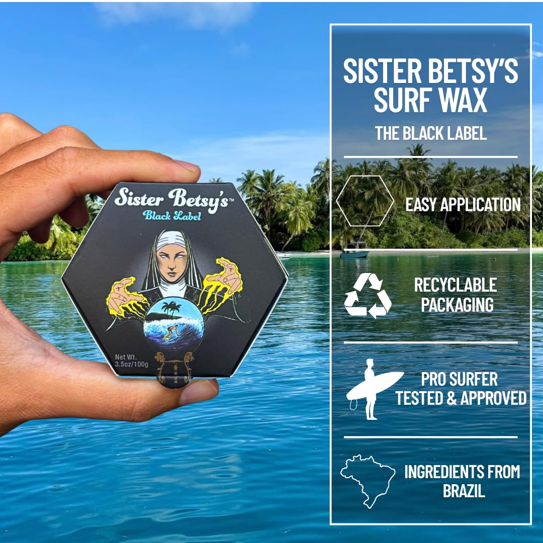 Sister Betsy's Surf Wax, The Black Label, cera para tabla de surf, blanco, paquete de 6