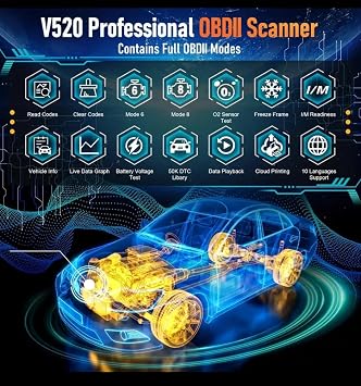 Professional OBD2 Car Diagnostic Scanner V520 Vehicle OBDII/EOBD Diagnostic Tool, Check Engine with Read/Erase Fault Code, Auto Code Reader, Support 10 Languages, Universal for Cars After 1996