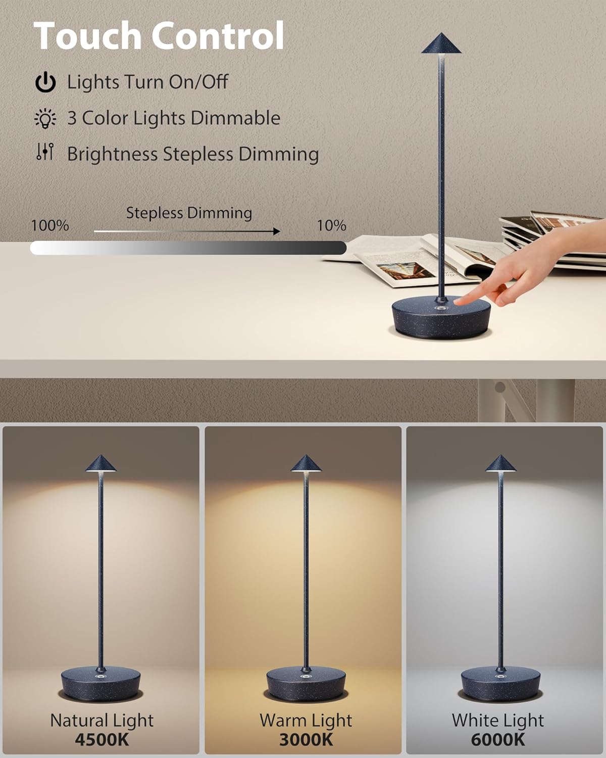 Cordless Table Lamps Rechargeable, 6000mAh Battery Operated LED Desk Lamp Outdoor Waterproof Portable Touch Dimmable Table Light for Patio Restaurant Dining Home Set of 2 Starlight