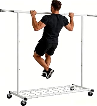 REIBII 100-150cm Extendable Heavy Duty Clothes Rail with Shelf, 113kg Load Strong Clothes Rack with Wheels, Movable Sturdy Free-Standing Clothes Rail for Bedroom, Laundry Room, Easy Assembly