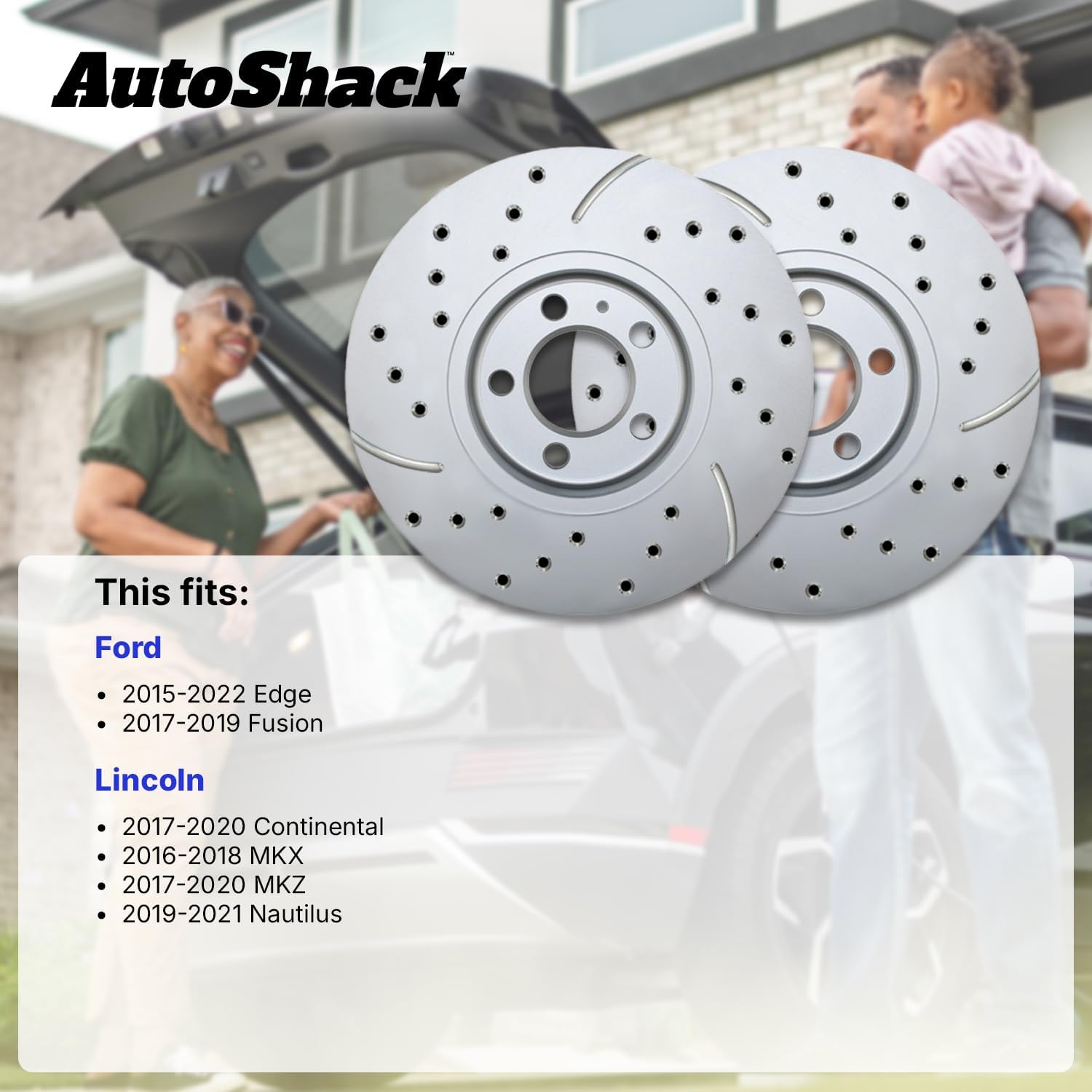 AutoShack Front Brake Rotors for Ford, Edge 2015-2022 Fusion 2017-2019, AWD FWD L4 2.0L V6 2.7L 3.5L - Coated Drilled & Slotted - Silver Matte Finish - TurboGuard - 13.58" (345 mm), 5-Lug