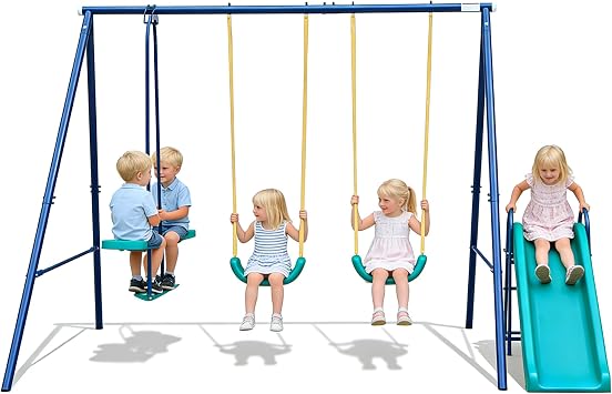 Rakon 3-in-1 Heavy Duty Metal Frame Swing Sets for Backyard with 2 Adjustable Swings, Glider, and Slide for Toddlers, Outdoor Playground Equipment, Blue