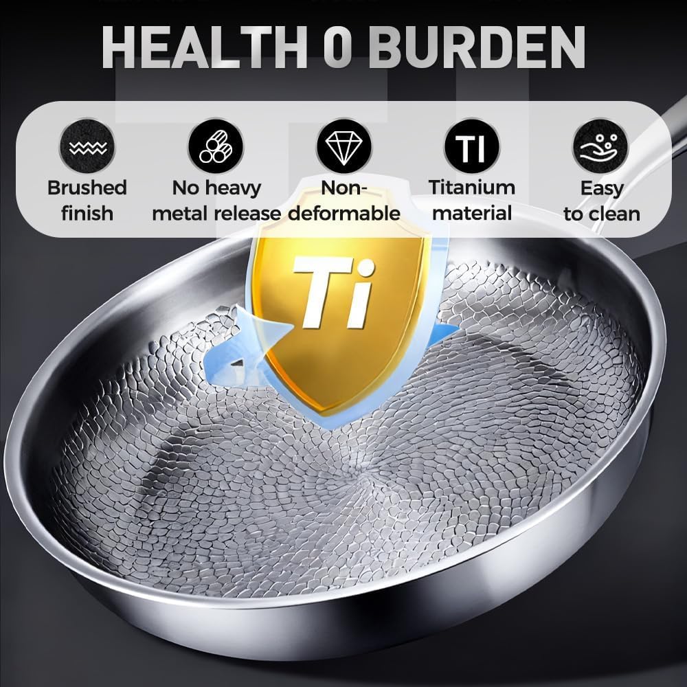 Titanium Pan, 2026 Upgrade 12" Non Stick, 100% Pure Titaniums Pans with Lid, Extreme Heat-Resistant & Lasts a Lifetime, Titanium Frying Pan for All Stovetops (10.23in, No Lid)