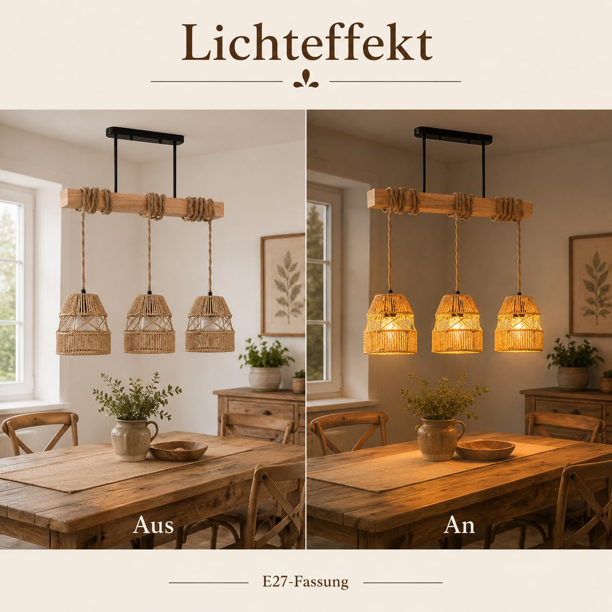Pendelleuchte Esstisch Rattan 3-Flammig E27, Hängelampe Holz Boho Einstellbarer Winkel, Deckenlampe Boho Vintage Esstischlampe Hängend für Kücheninsel Wohnzimmer Esszimmer Landhausstil
