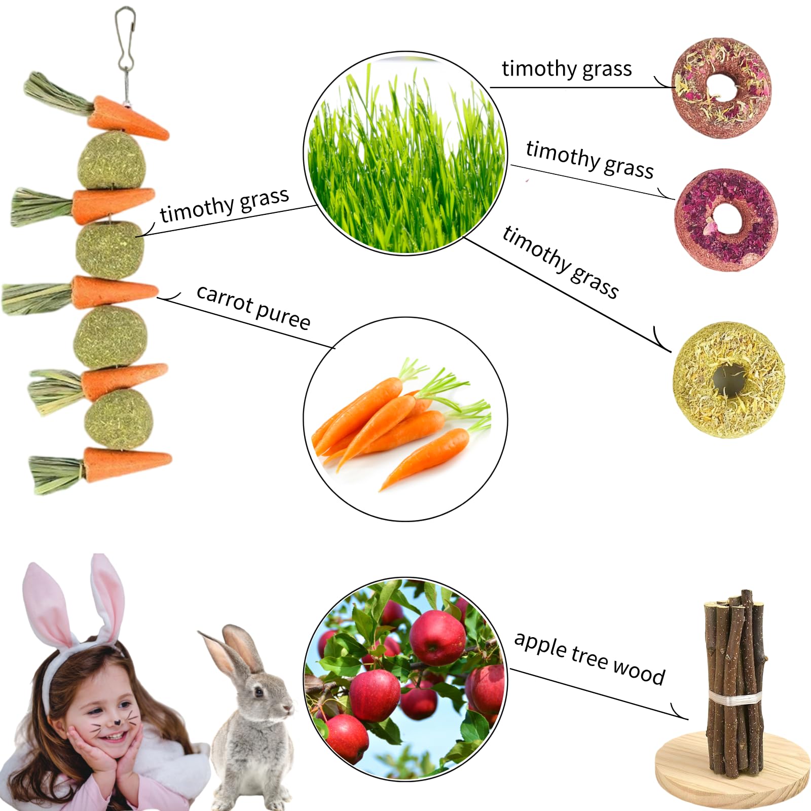 31 juguetes masticables para mascotas pequeñas para la salud dental: madera natural de manzana, palos de hierba Timothy y bambú dulce, juguetes de molienda de dientes para conejos, cobayas