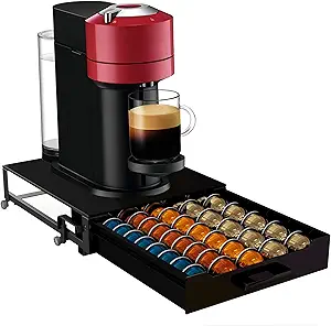 Coffee Pod Holder Rolling Drawer Organizer with Deluxe Piano Black Tempered Glass Top, Compatible for All Nespresso Vertuo Pods, Holds up to 75 Small or 50 Big Vertuo Pods