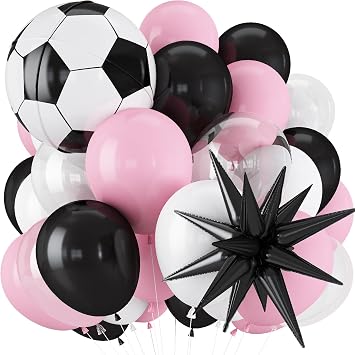 Light Pink and White Football Balloons, 12 Inch Pastel Pink and Black Clear Football Balloon with 22'' Soccer Ball & Black Star Foil Balloon for Game Day Sports Soccer Theme Birthday Party Decorations