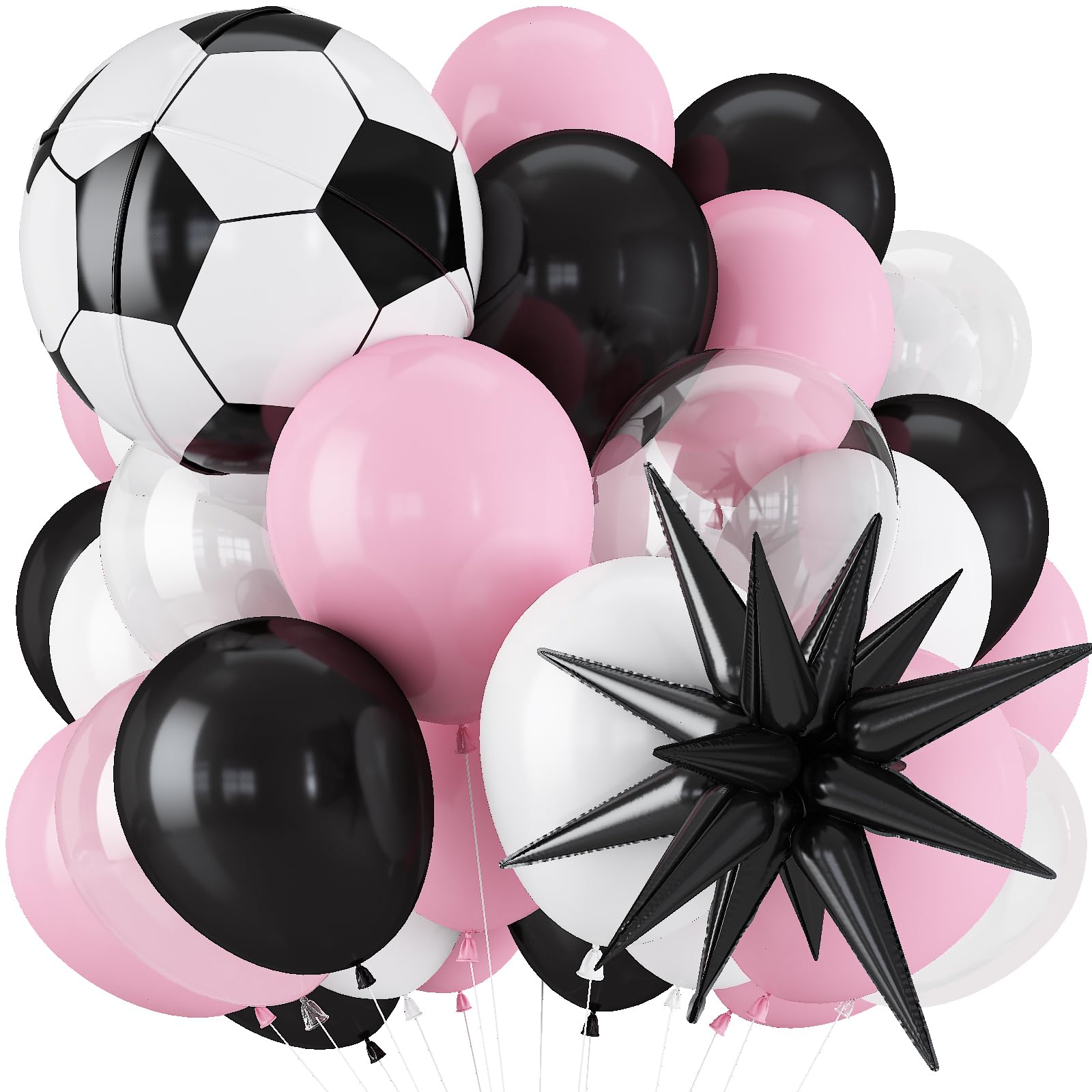 Light Pink and White Football Balloons, 12 Inch Pastel Pink and Black Clear Football Balloon with 22'' Soccer Ball & Black Star Foil Balloon for Game Day Sports Soccer Theme Birthday Party Decorations — image 1