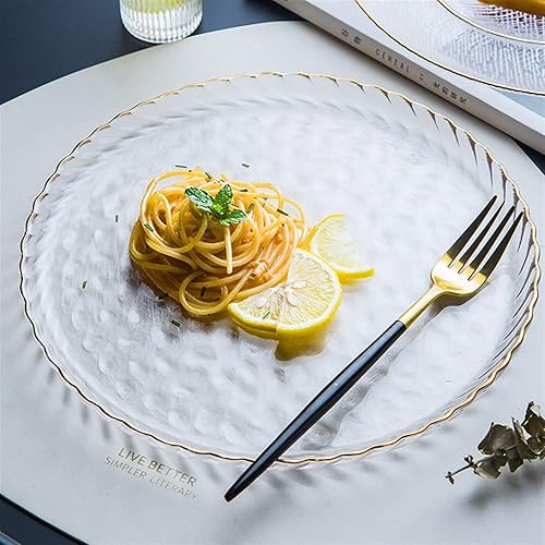 Miniatura 6 de CLoxks Platos de cena Platos de cena Plato de cena de borde dorado de vidrio transparente Plato de cena de estilo europeo Patrón de ojo de martillo
