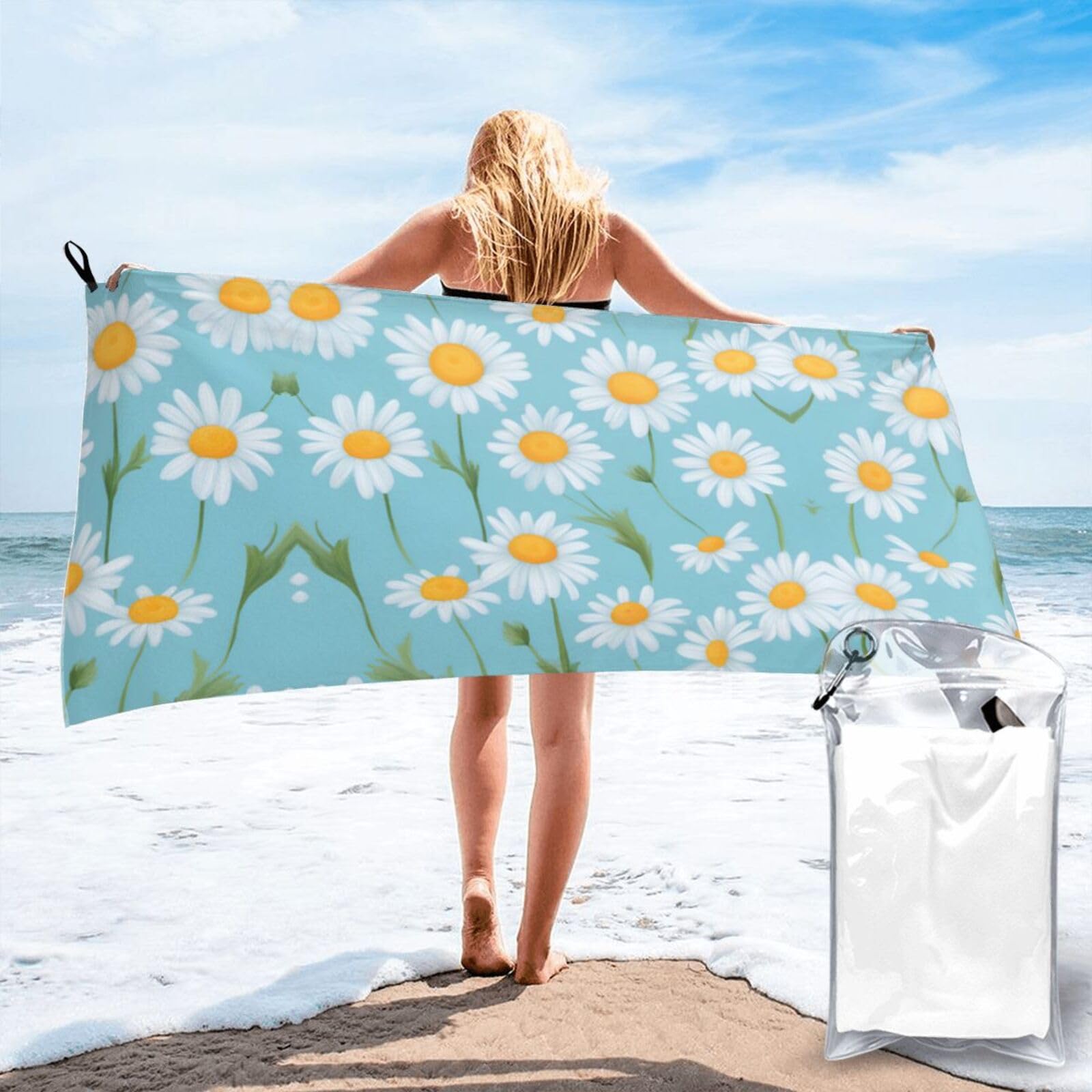 Jiuty White Daisy In Light Blue Background Print Fast Dry Beach Towel Portable For Swimming Travel Gym Hiking Gift