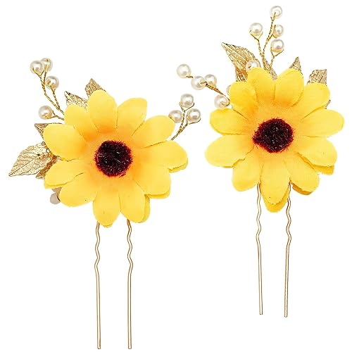 BETITETO 2 piezas de horquillas de girasol nupcial en forma de U, perla, oro, hoja, floral, bohemio, para fotografía de fiesta de boda