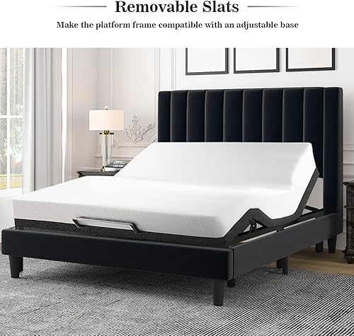 Miniatura 77 de Allewie - Base de cama tapizada en terciopelo, cabecera capitoné de canales verticales, listones de madera reforzados, opción de somier, fácil de