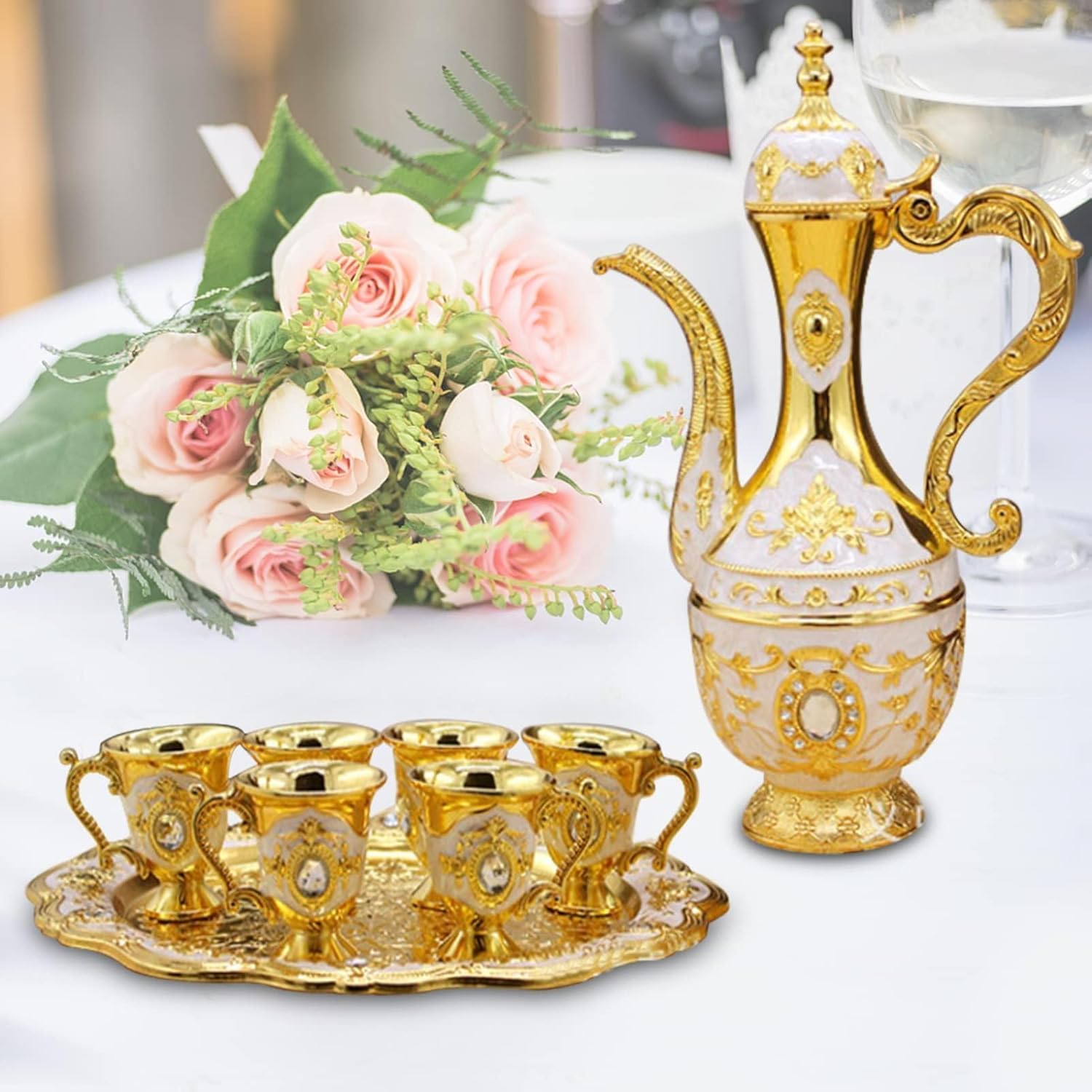 Gold Tea Set, Vintage Coffee Pot Set with 6 Cups and Tray, Luxury Zinc Alloy Turkish Teapot Set for Tea Party and Home Decor, European Style Art Craft Wedding Housewarming Gift