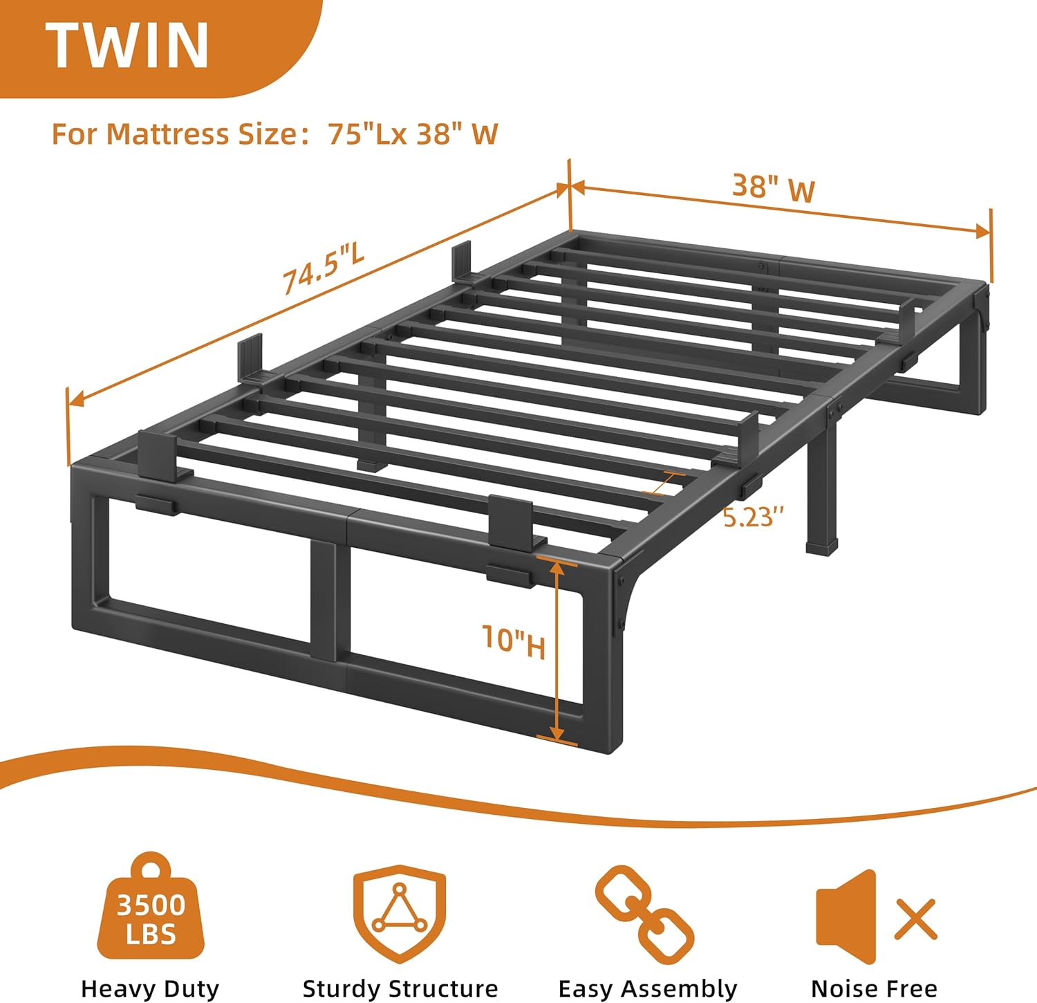 Twin Bed Frames, 10 Inch Metal Platform Bed Frame with Squeak Free U-Slot Design, 6 Non-Slip Guards, 3500lbs Heavy Duty Steel Slat Support, No Box Spring Needed, Under Bed Storage, Black