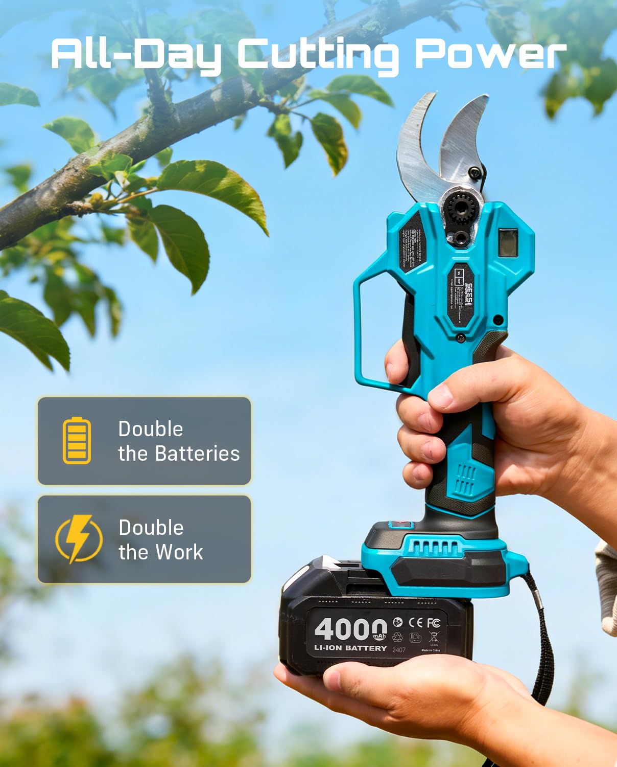 SEESII 2-in-1-Akku-Astschere mit Teleskopstiel: Elektrische Astschere mit 40mm Schnittdurchmesser –bürstenloser Motor, 2*4.0Ah-Akkus, zusätzliche SK5-Klinge, 4 einstellbare Modi für Bäume und Blumen.
