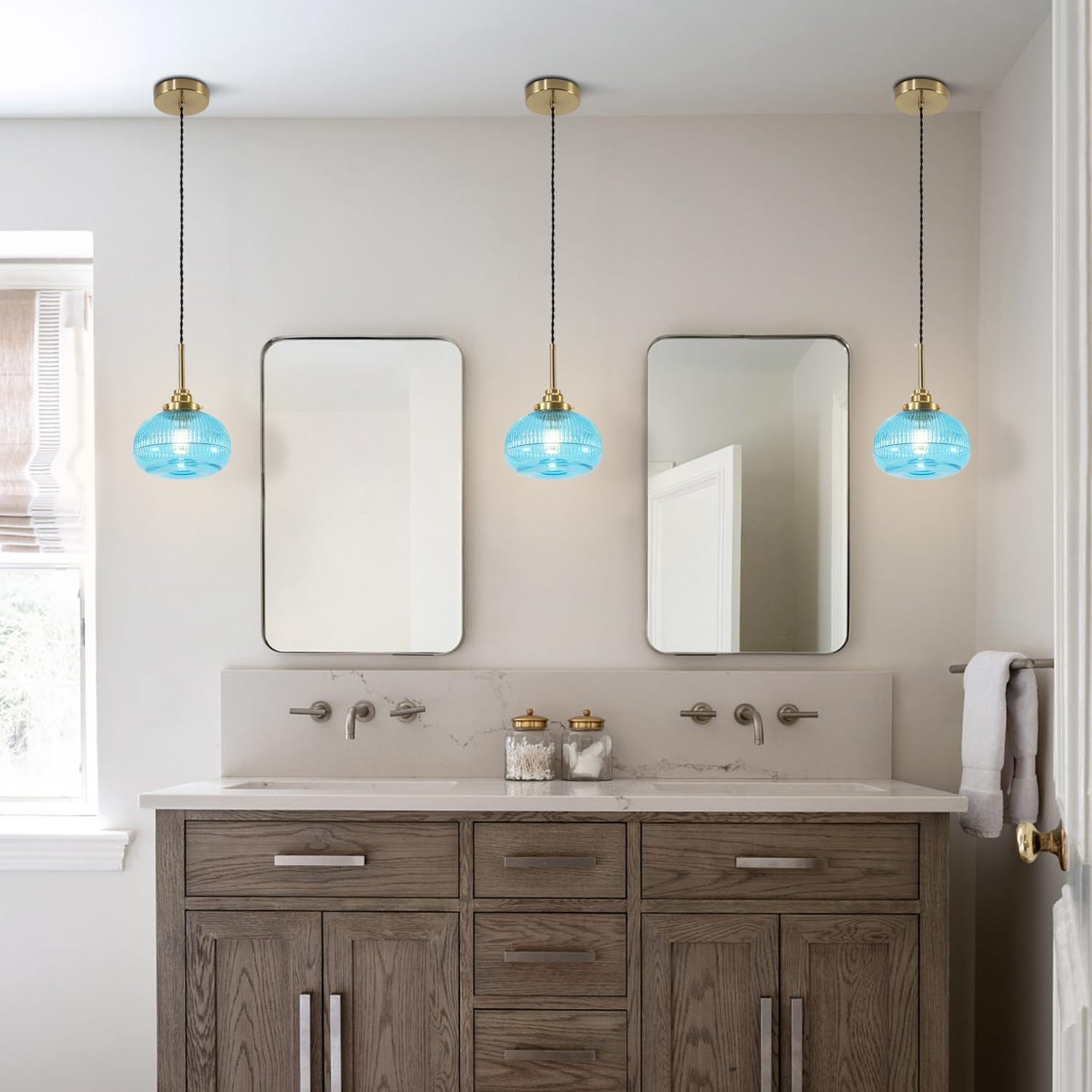 KCO Lighting Large Glass Pendant Lights Kitchen Island Pendant Light Blue Hanging Lights Fluted Glass Hanging Pendant Light Gold Dining Room Hanging Light Fixtures 3 Pack